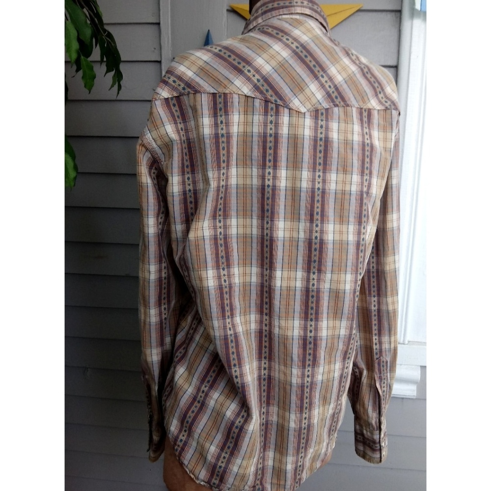 Lucky Brand western style pearl snap brown & navy blue plaid shirt Womens M - Picture 5 of 12
